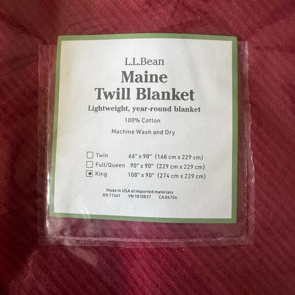 L.L. Bean Maine Twill Blanket King Red Lightweight 100% Cotton Made in USA New - Picture 2 of 7